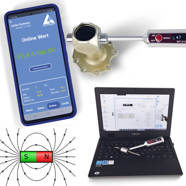 Save magnetic field measurement data on the computer or on the app in the smartphone